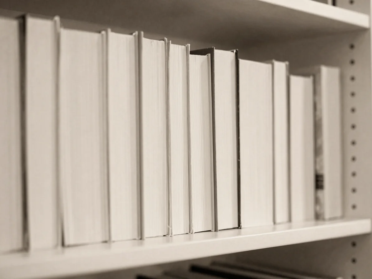 Composed view of a bookshelf edge with a single spine in focus, s