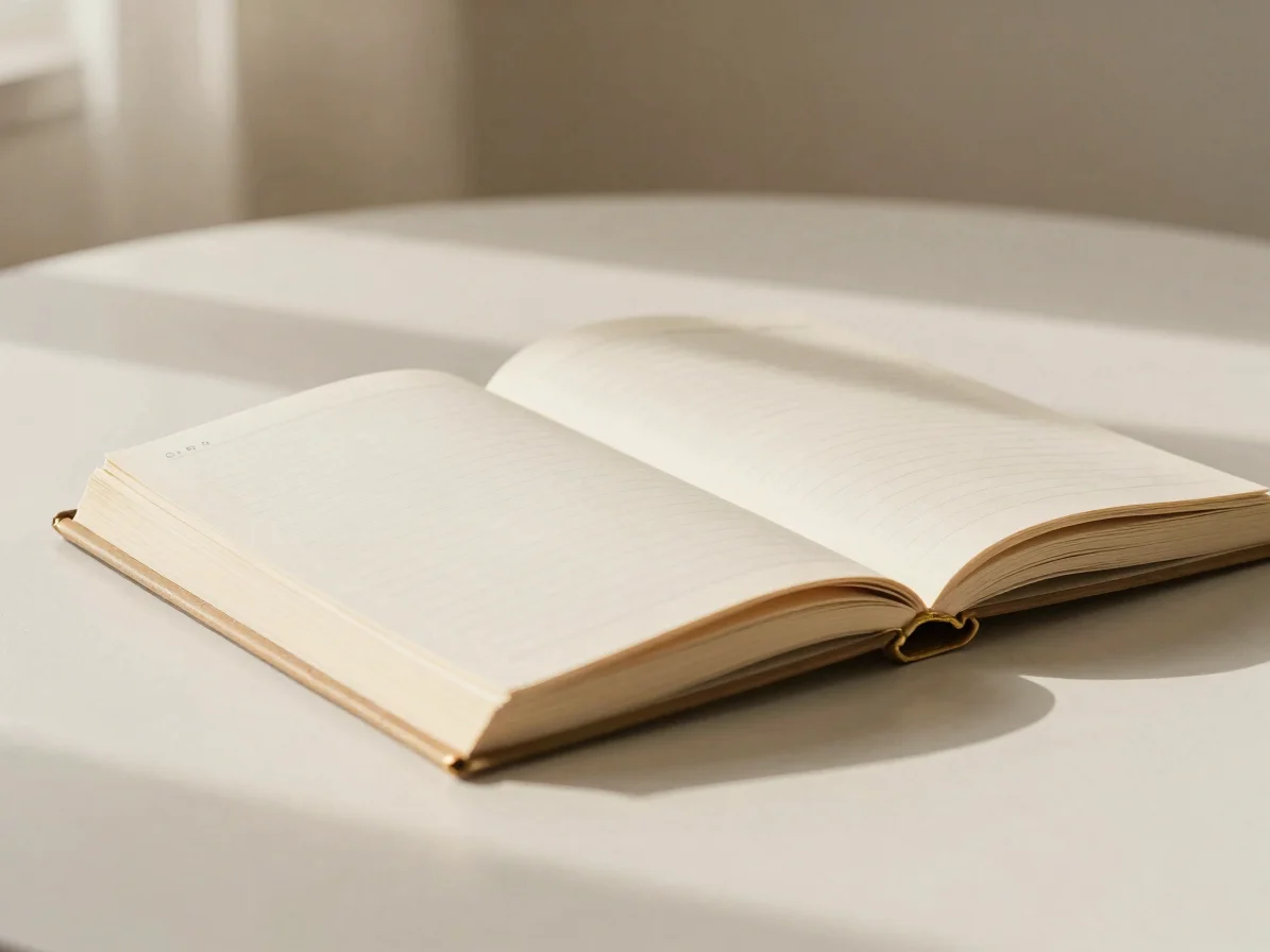 Quiet reading table with a closed book and a brass-edged notebook