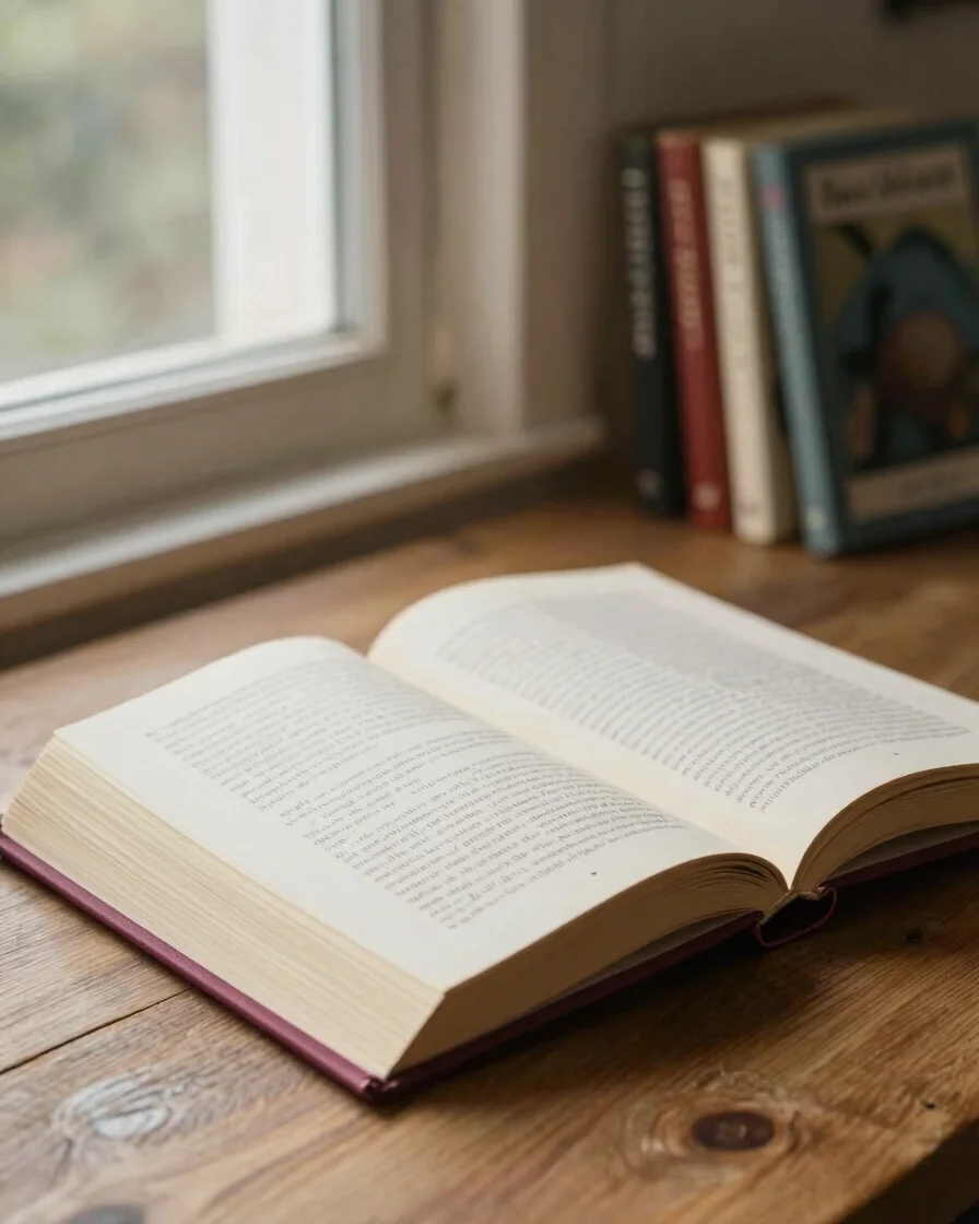Warm editorial photograph of an open book resting on a wooden tab